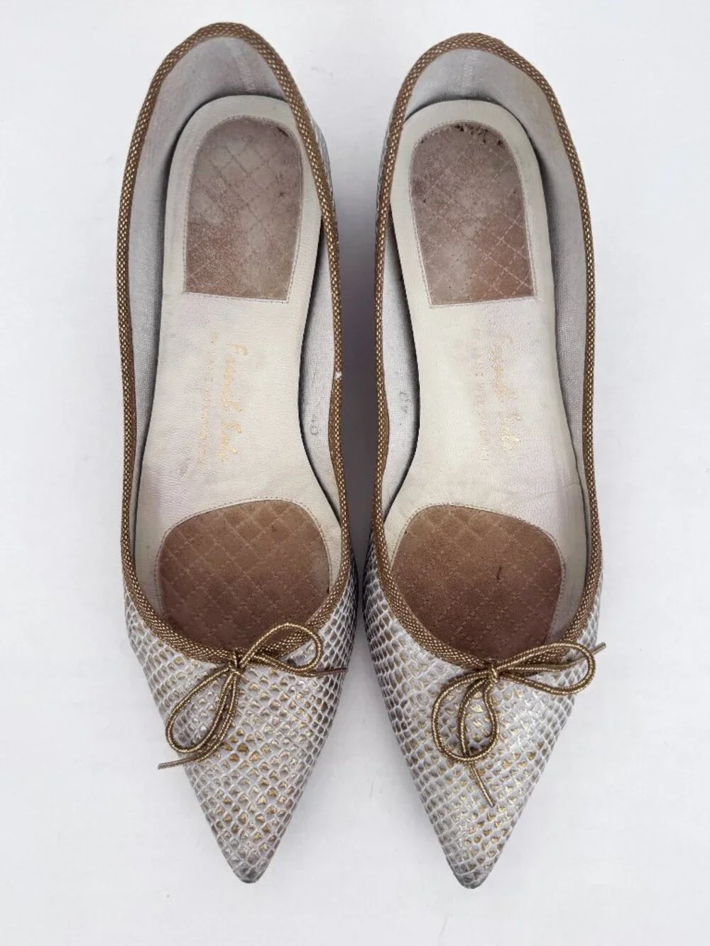 French Sole Womens Penelope Pointy Flats, White Gold Leather Wedge EU 40 US 10